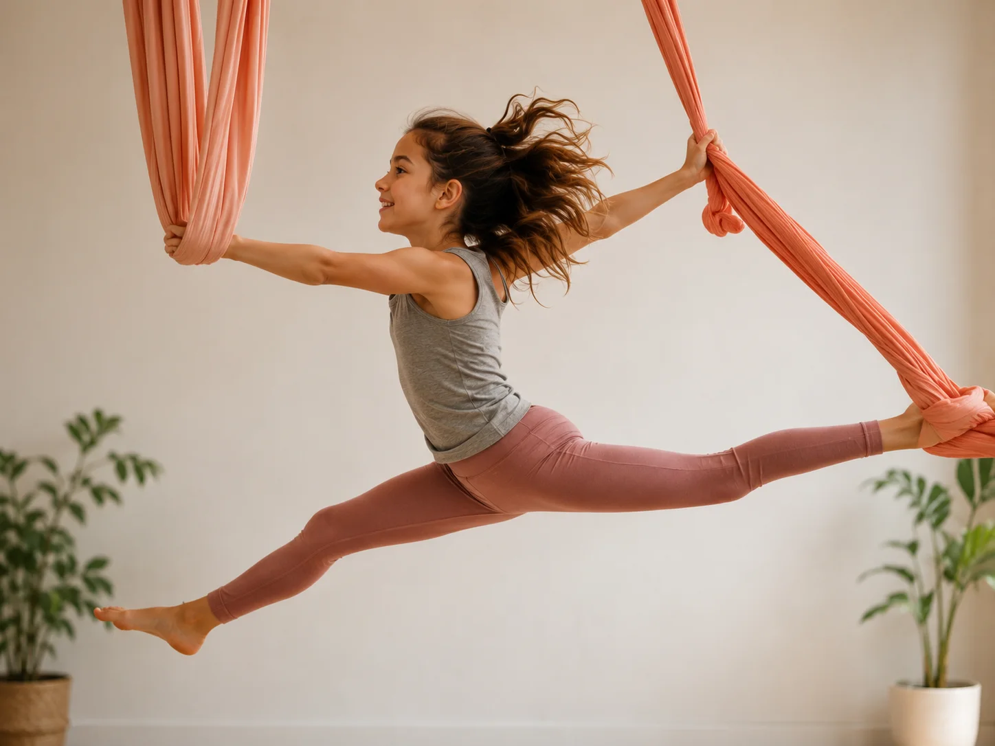 A smiling child holding two coral aerial fabrics while extending into a split-like pose